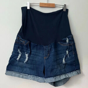 SONG Maternity Over The Bump Jean Shorts | Dark Wash Distressed
